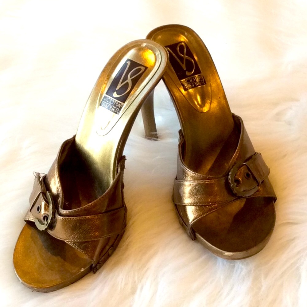 Victoria Spenser Bronze Sandals Heels Womens 7